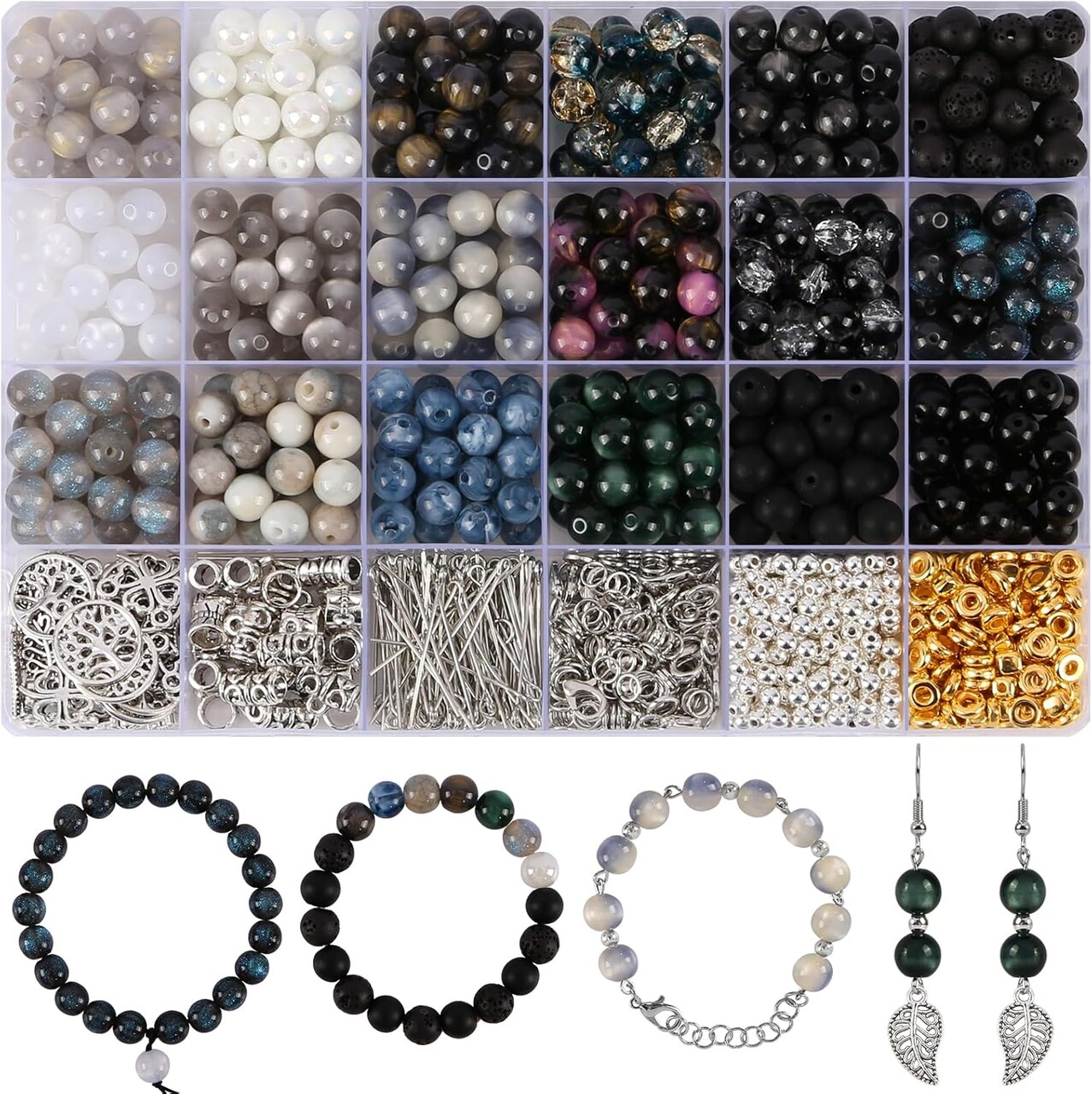 Glass Beads Jewelry Making Kit – 450pcs in 18 Colors with Lava, Stone & Spacer Beads | DIY Bracelet, Necklace & Accessory Supplies for Adults | Holiday Craft Gift